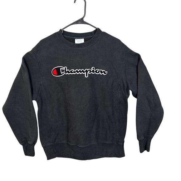 Vintage Champion Black Reverse Weave Emblrodered Logo Patch Sweatshirt Size M - Picture 1 of 9